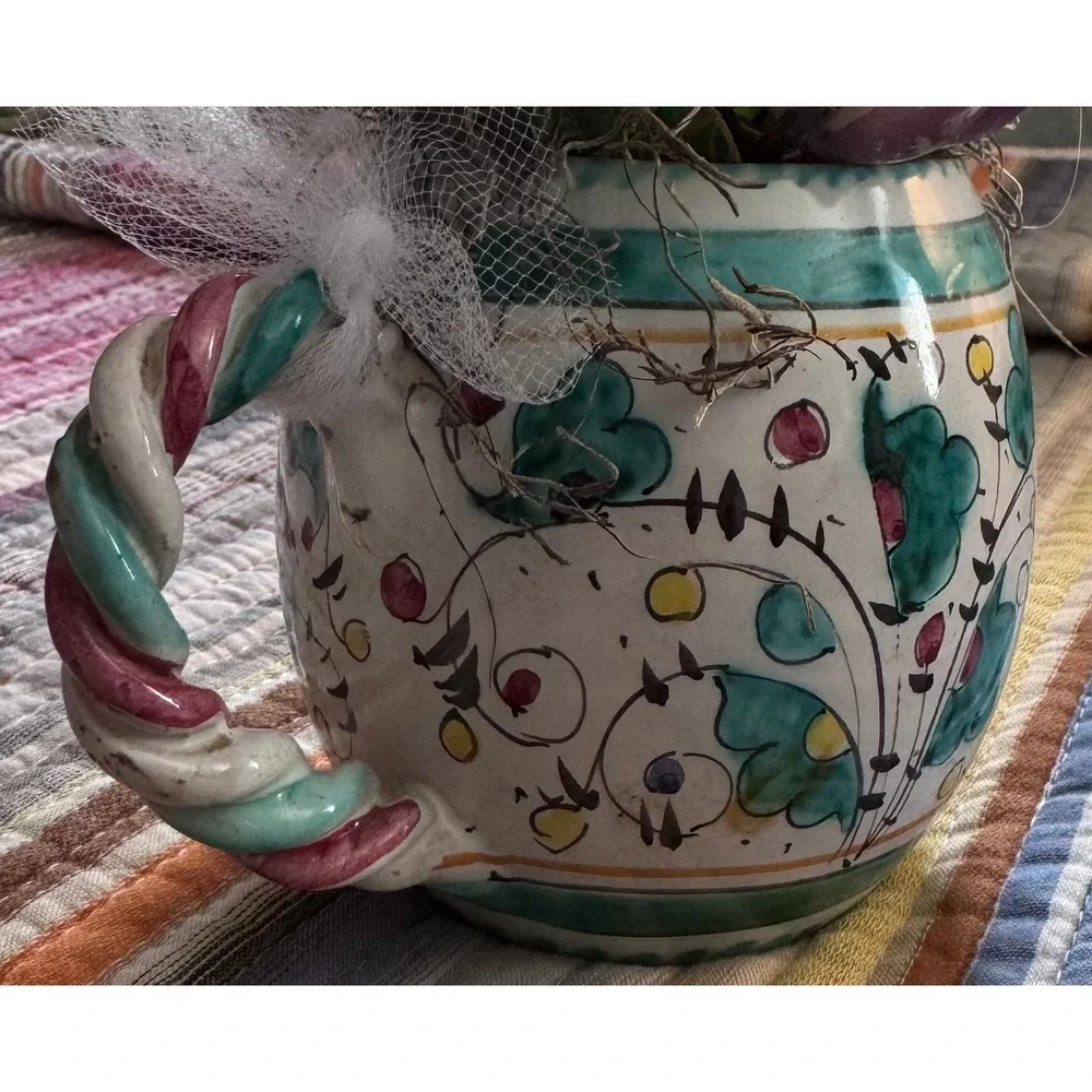 Vtg Rare Italy Signed Derata Rooster Pottery Pitcher Mug Twisted Handle